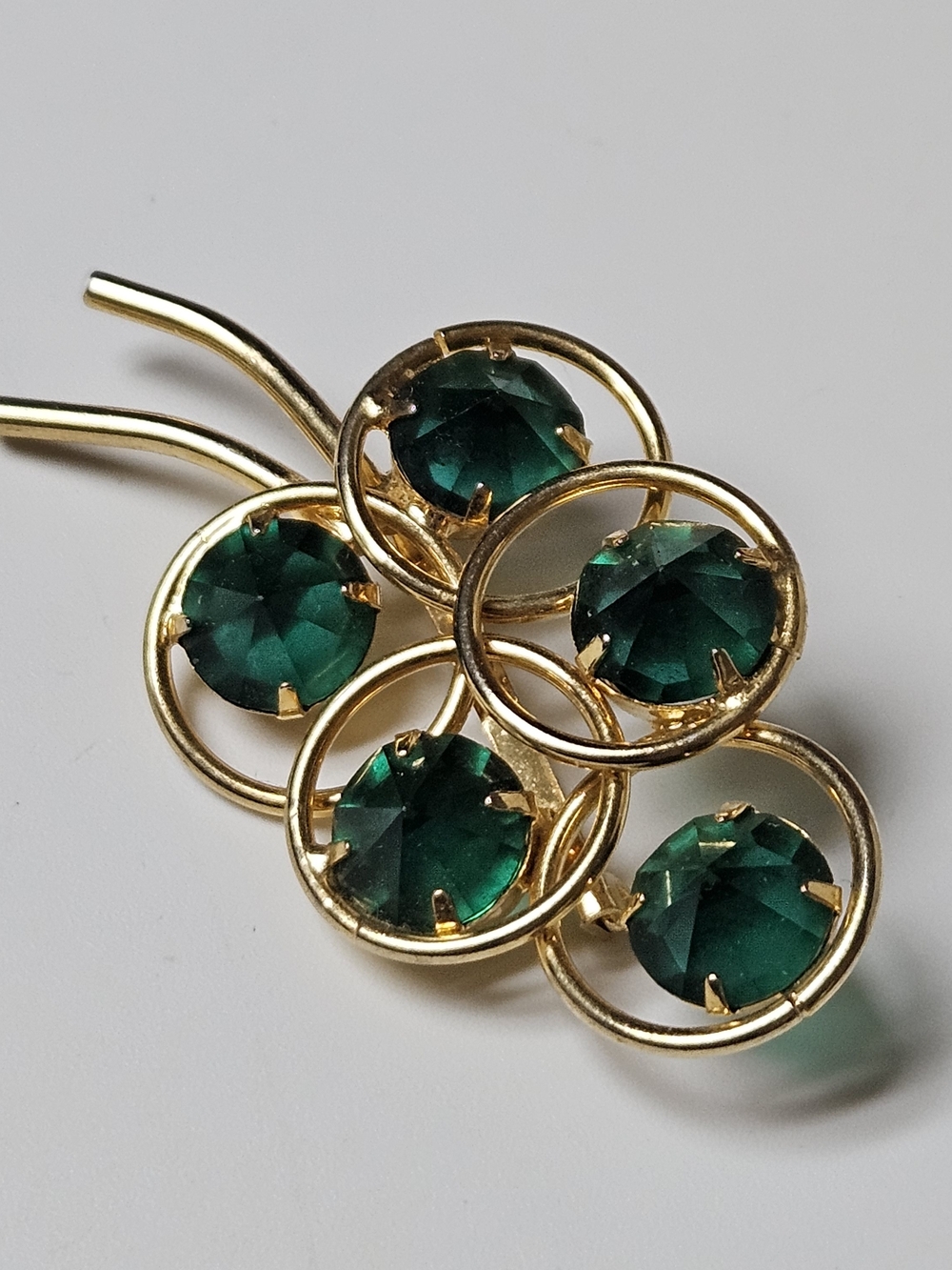 1960s Gold Tone Emerald Green Brooch Crystal Accents